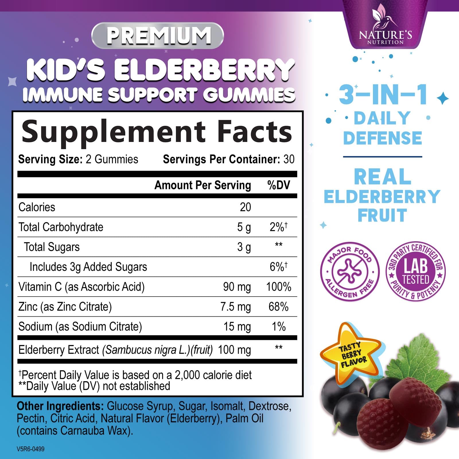 Nature's Nutrition gomitas con textura frutal de sauco para consumo diario.