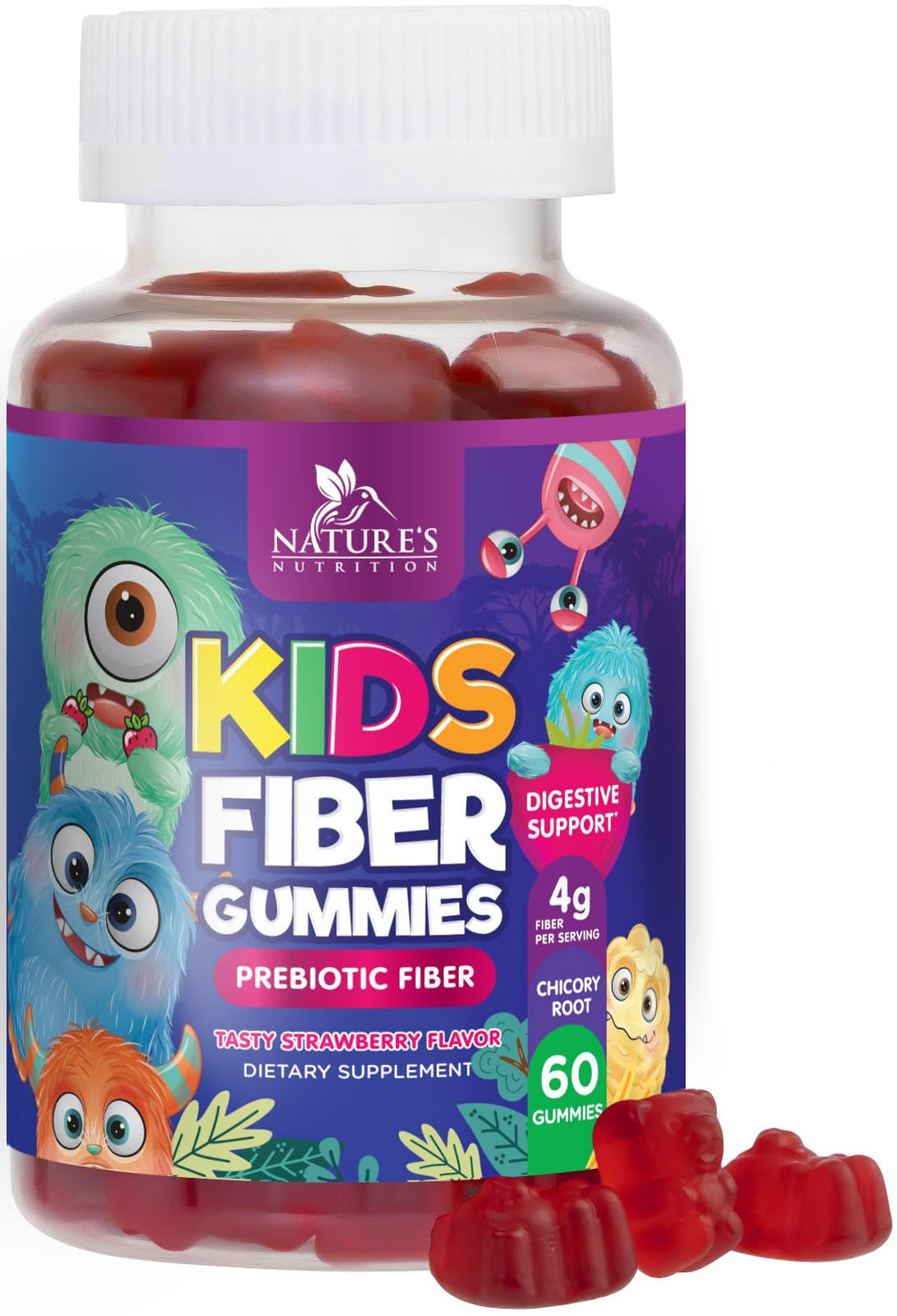 Frasco de Nature's Nutrition Gomitas para Niños al frente, con sabor a fresa.