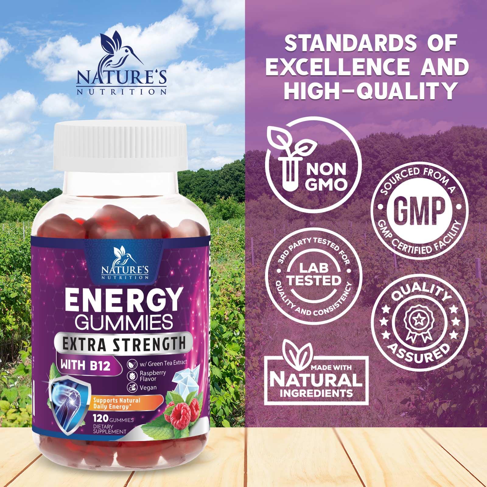 Nature's Nutrition Green tea caffeine boost graphic indicates clean energy.