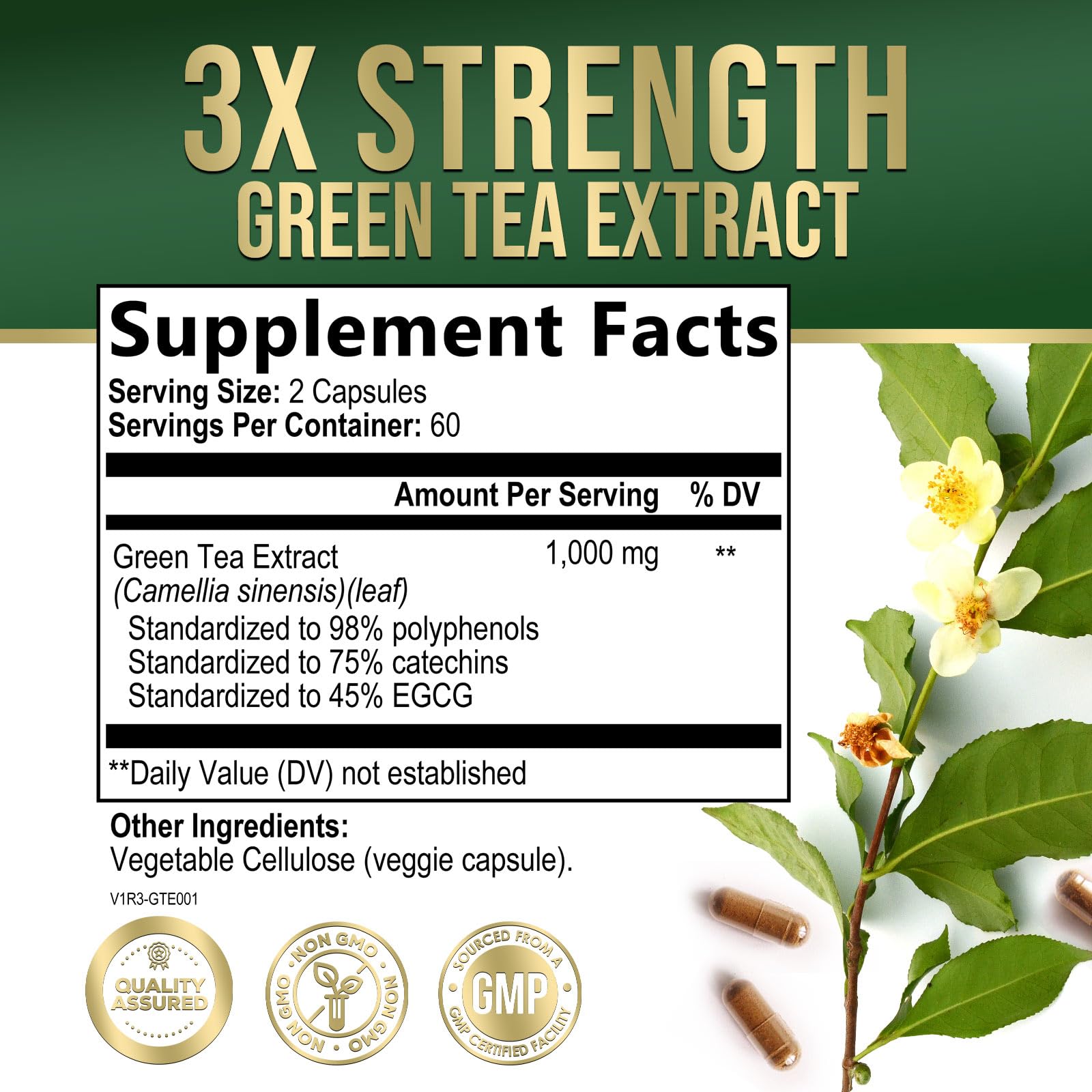 Nature's Nutrition Green Tea Extract capsules poured from the bottle for easy daily use