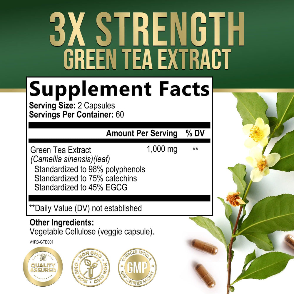 Nature's Nutrition Green Tea Extract capsules poured from the bottle for easy daily use