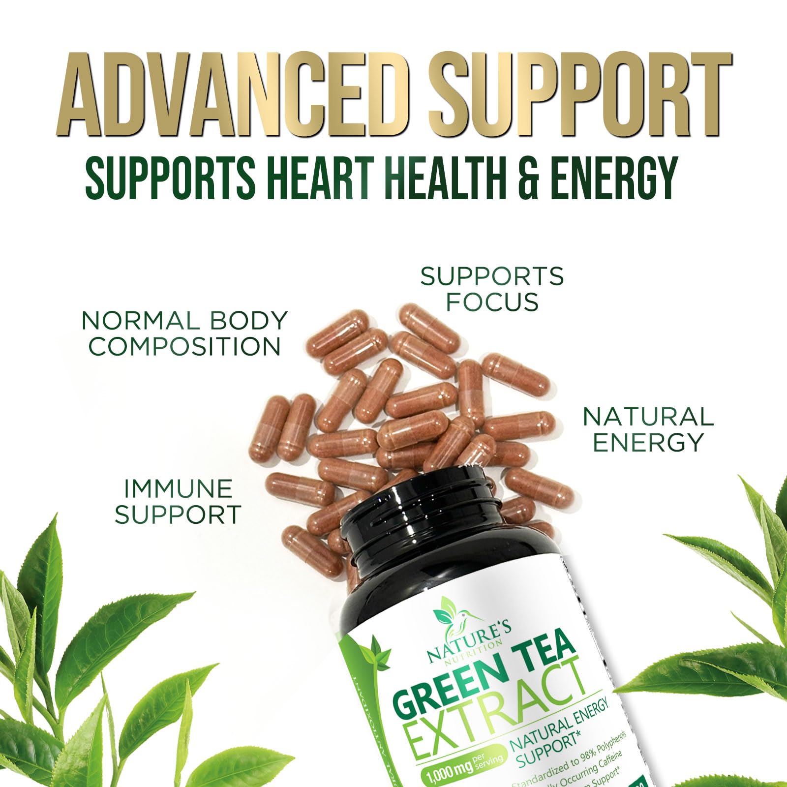 Nature's Nutrition green tea extract packaging highlighting heart health potential