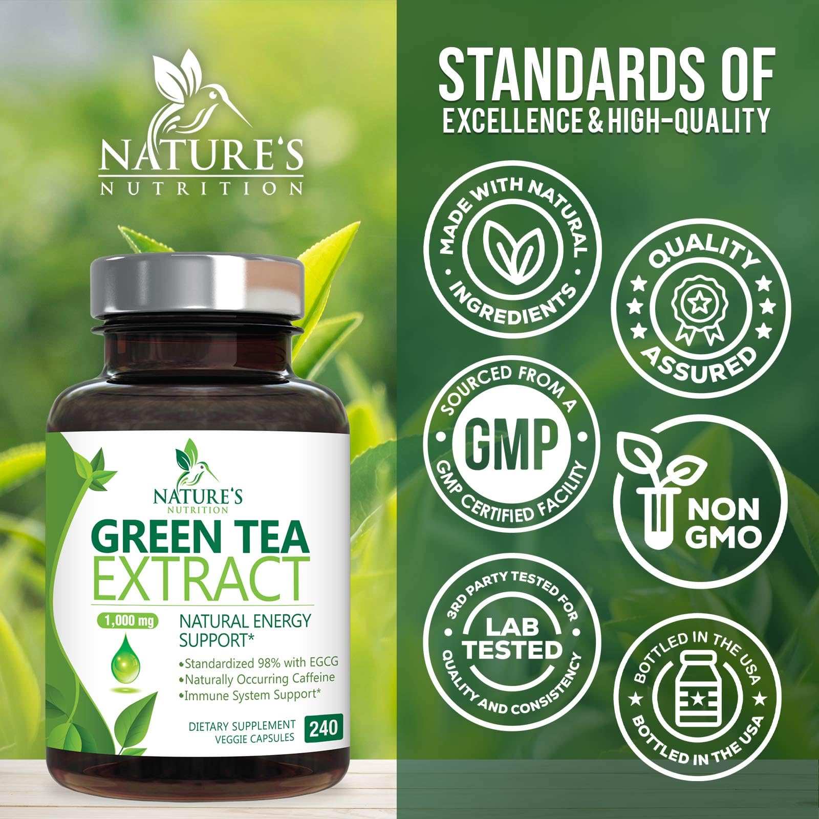 Nature's Nutrition green tea extract polyphenols rich formula visual emphasis on antioxidants