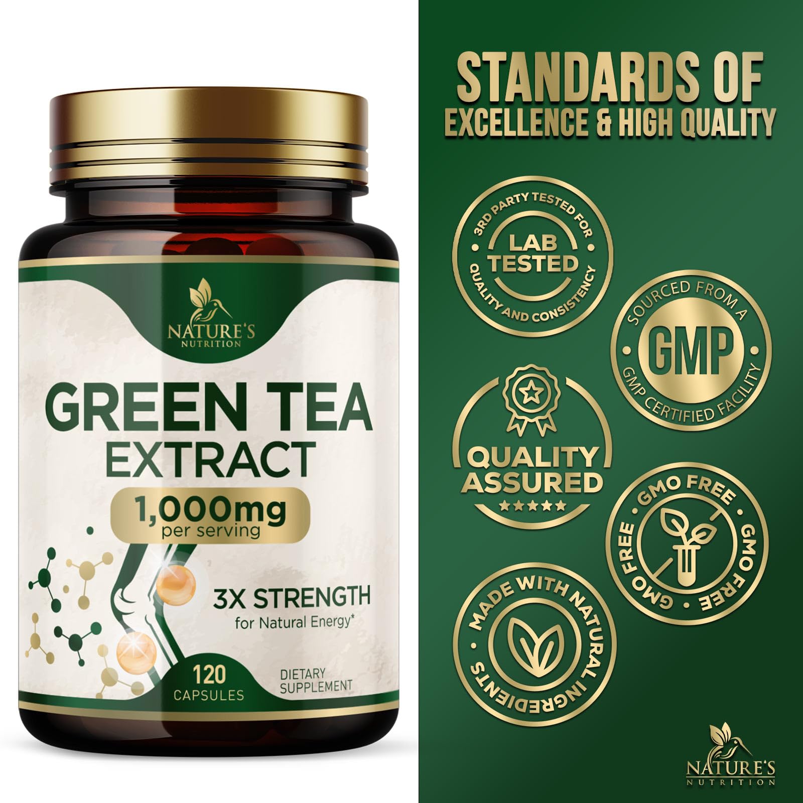 Nature's Nutrition Green Tea leaves and cup scene signaling natural wellness