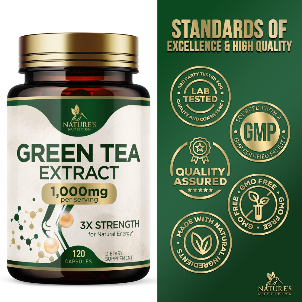 Nature's Nutrition Green Tea leaves and cup scene signaling natural wellness