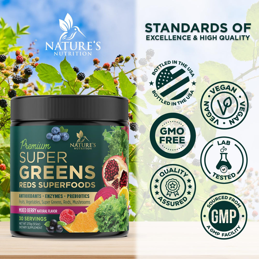 Nature's Nutrition organic greens display highlighting nutrient rich ingredients
