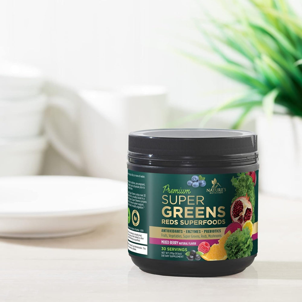 Nature's Nutrition Greens Superfood packaging on shelf for easy access
