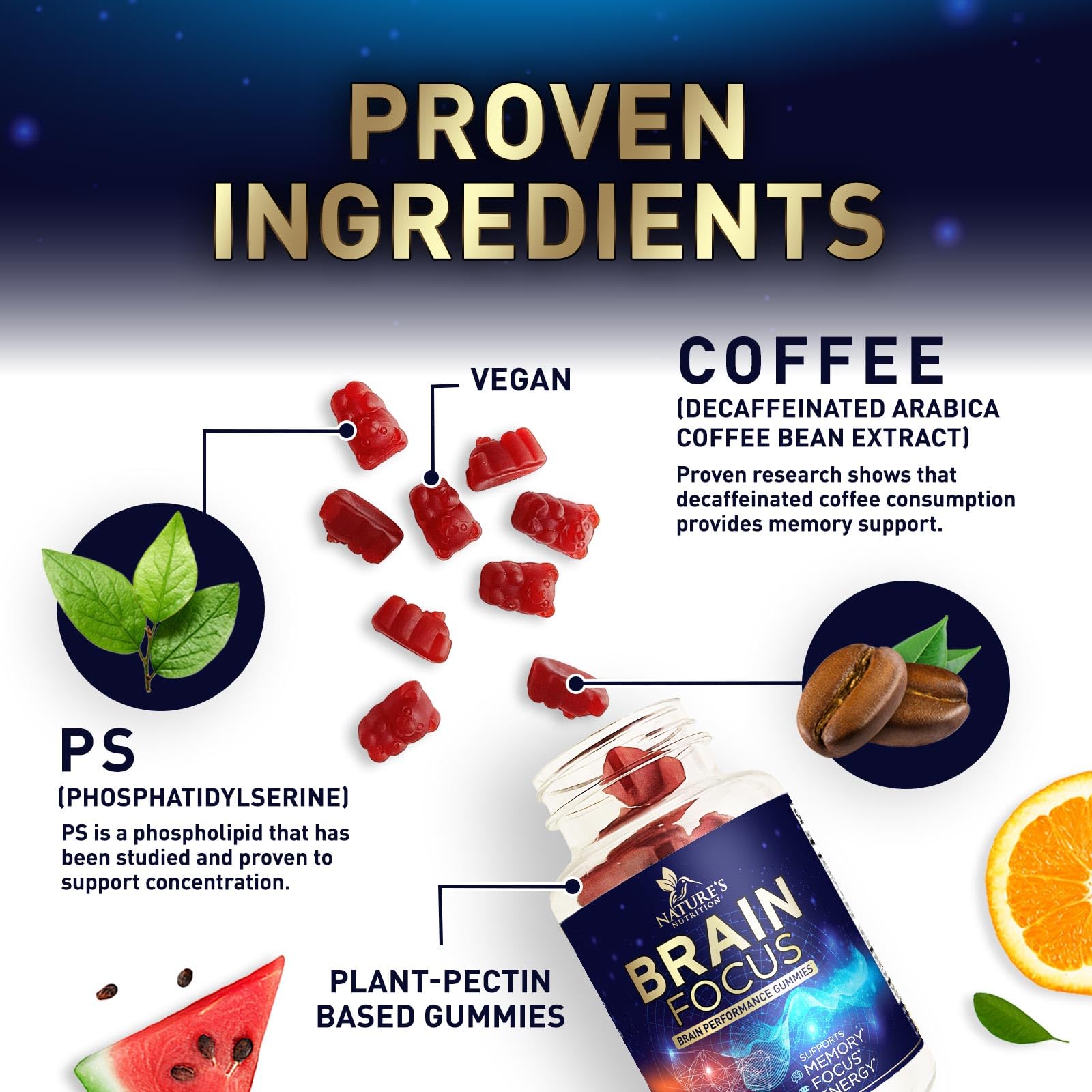 Nature's Nutrition gummies texture close-up showcases chewy, enjoyable brain support