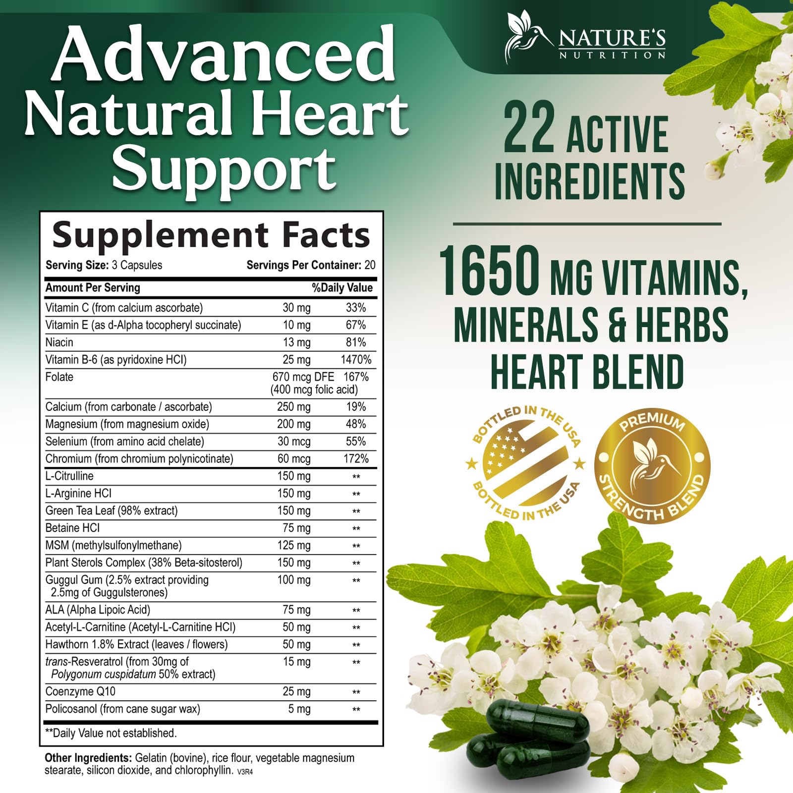 Nature's Nutrition Heart Support bottle-back with ingredients and usage guidance