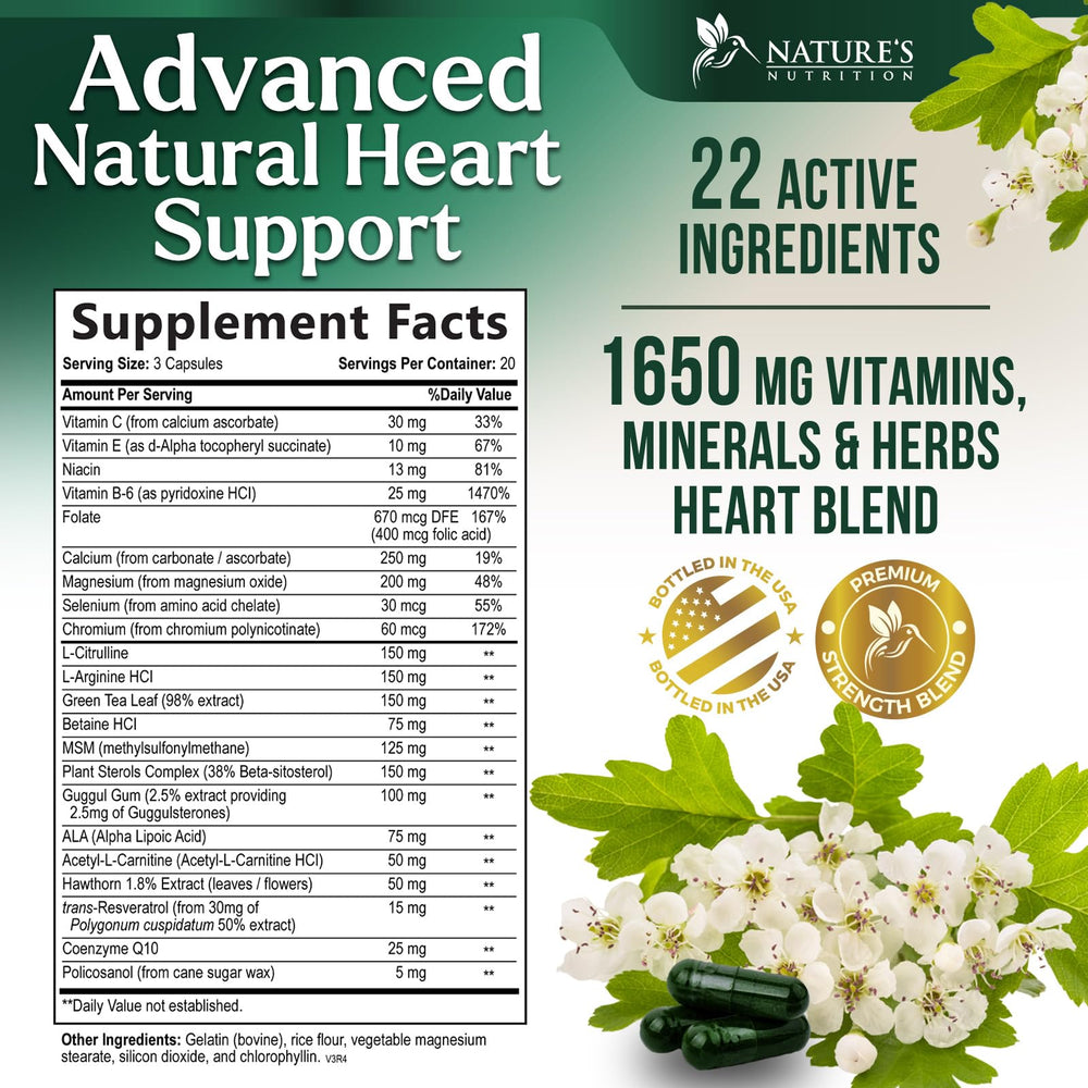 Nature's Nutrition Heart Support bottle-back with ingredients and usage guidance