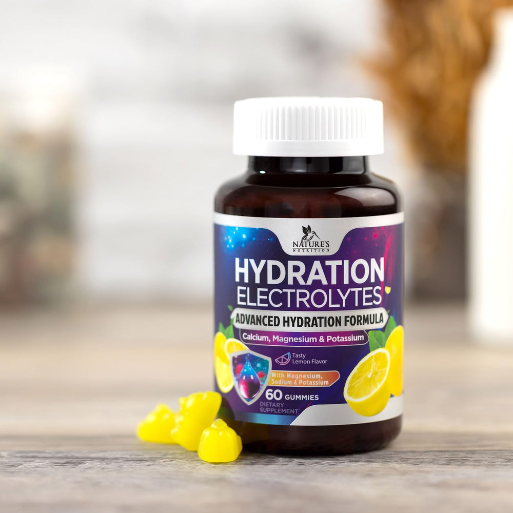Nature's Nutrition Hydration Electrolyte Gummies chewy texture highlighting easy consumption.