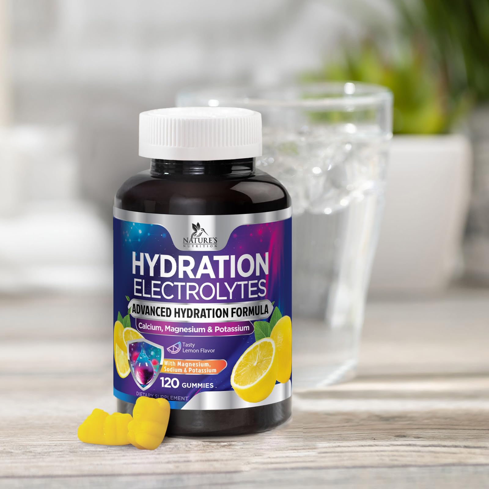 Nature's Nutrition Hydration Electrolyte Gummies daily-use bottle inspires routine hydration.