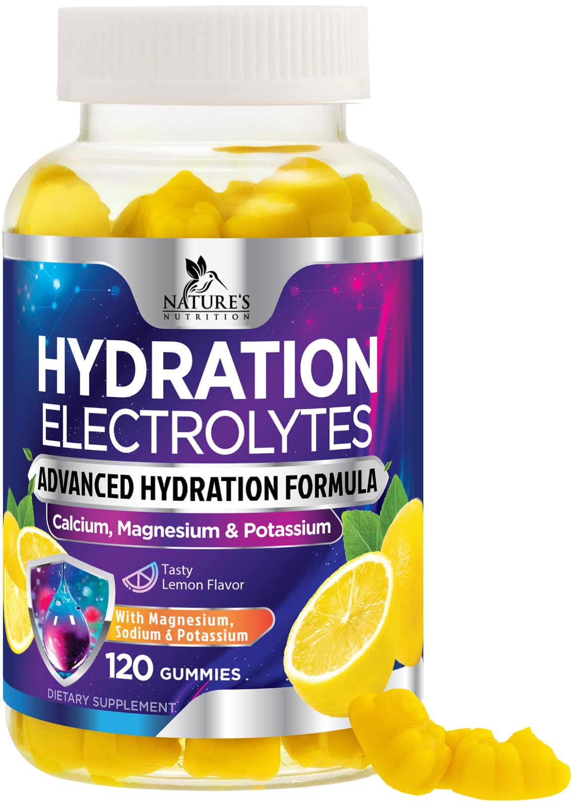 Nature's Nutrition Hydration Electrolyte Gummies bottle with lemon flavor for easy daily hydration.
