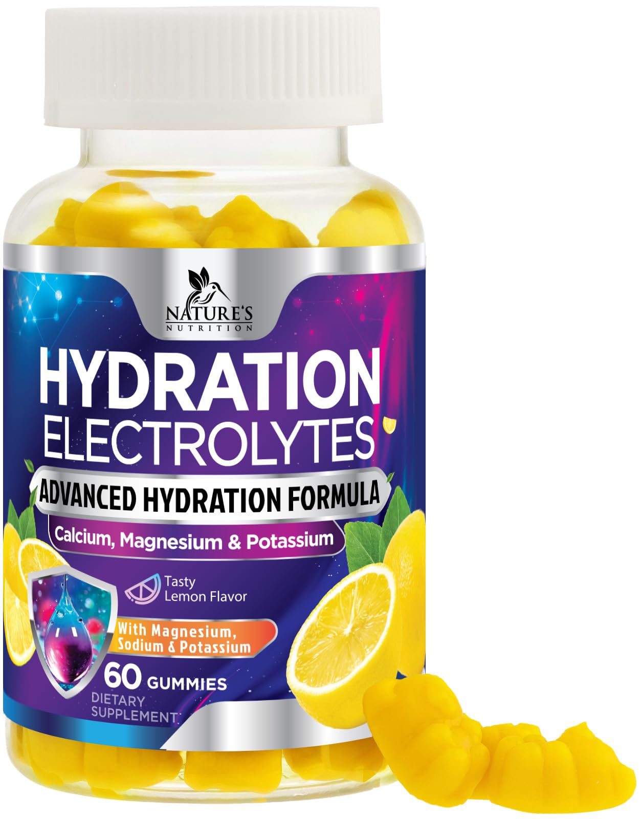 Nature's Nutrition Hydration Electrolyte Gummies lemon bottle for portable hydration on the go.