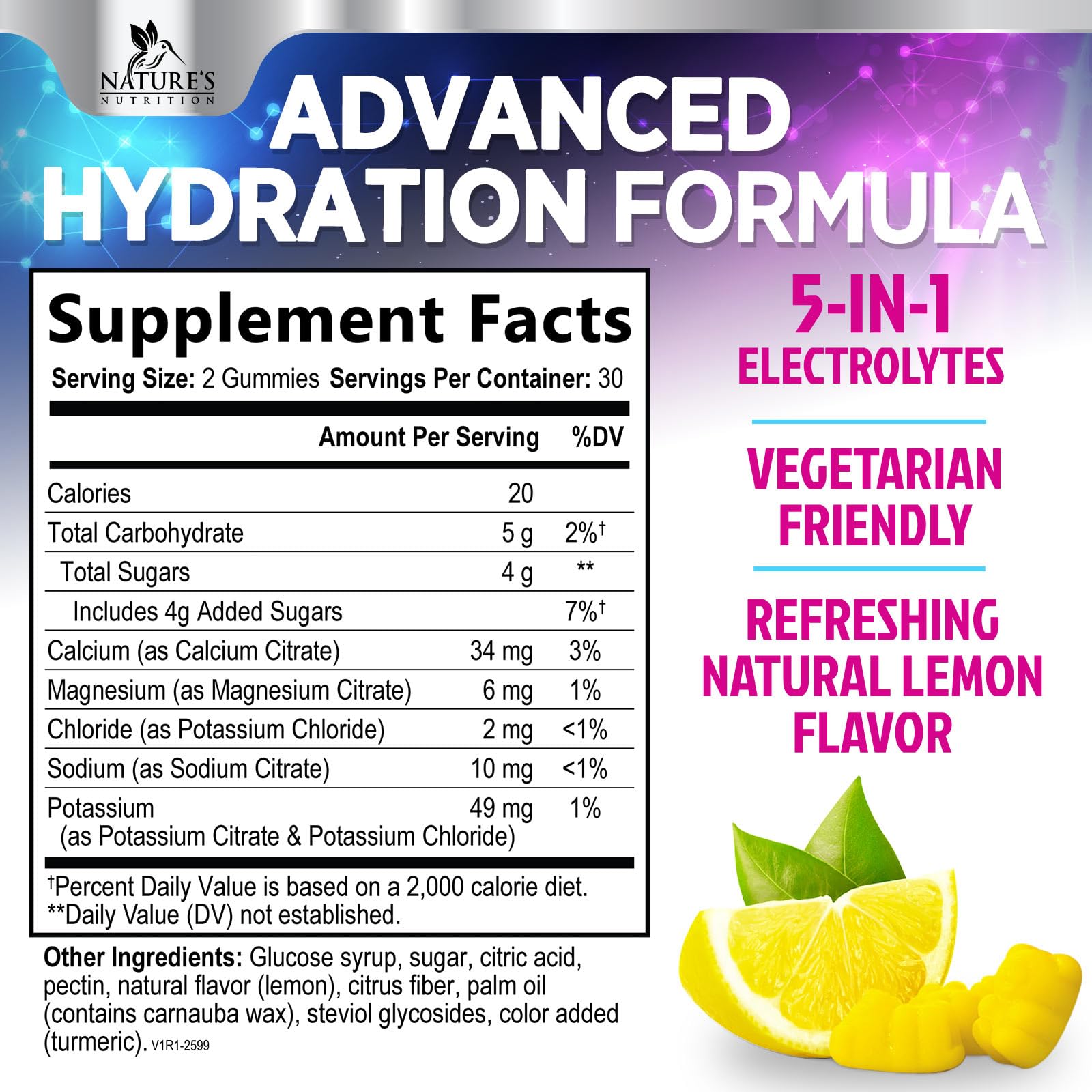 Nature's Nutrition Hydration Electrolyte Gummies lemon gummy close-up highlighting tasty electrolyte replenishment.