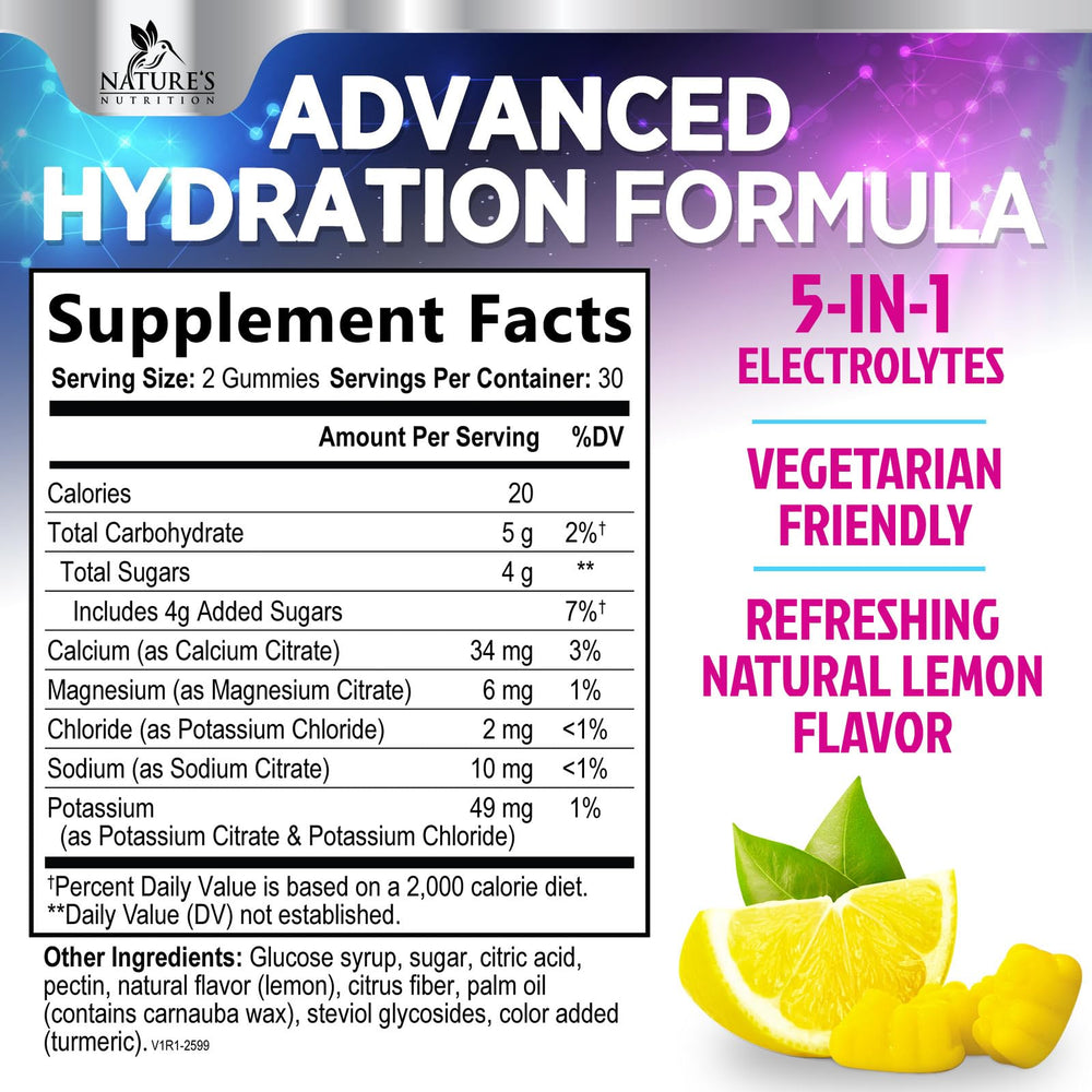 Nature's Nutrition Hydration Electrolyte Gummies lemon gummy close-up highlighting tasty electrolyte replenishment.