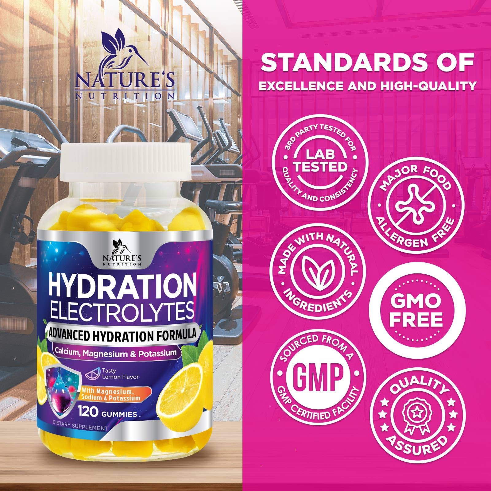 Nature's Nutrition Hydration Electrolyte Gummies lemon zest color appears refreshing.