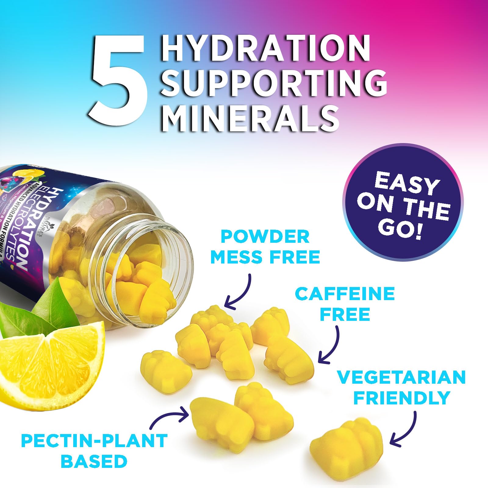 Nature's Nutrition Hydration Electrolyte Gummies on-the-go scene ideal for workouts and travel.