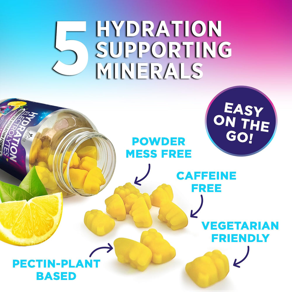Nature's Nutrition Hydration Electrolyte Gummies potassium imagery signals electrolyte support.