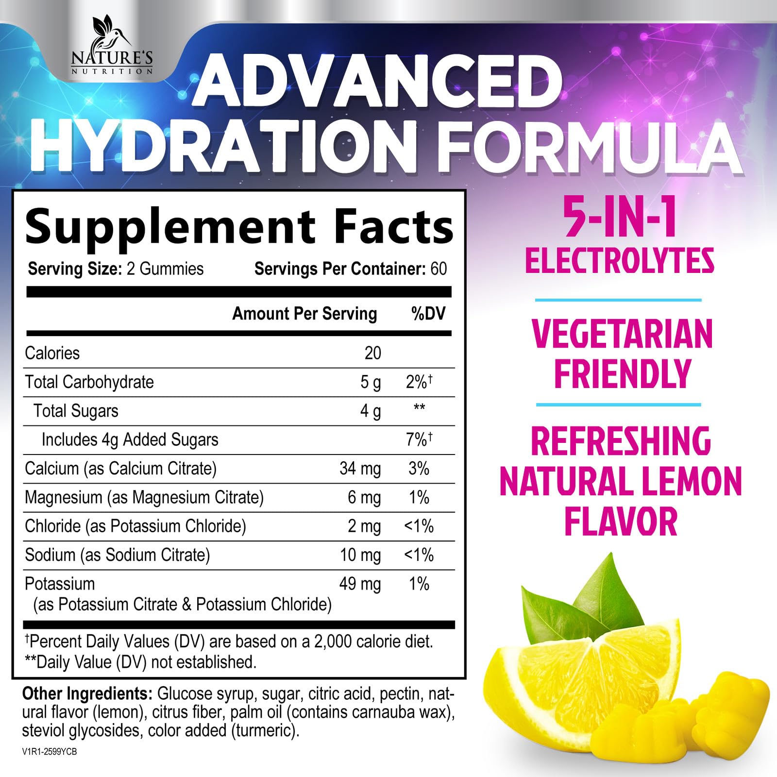 Nature's Nutrition Hydration Electrolyte Gummies textured gummy offers convenient electrolyte support on the go.