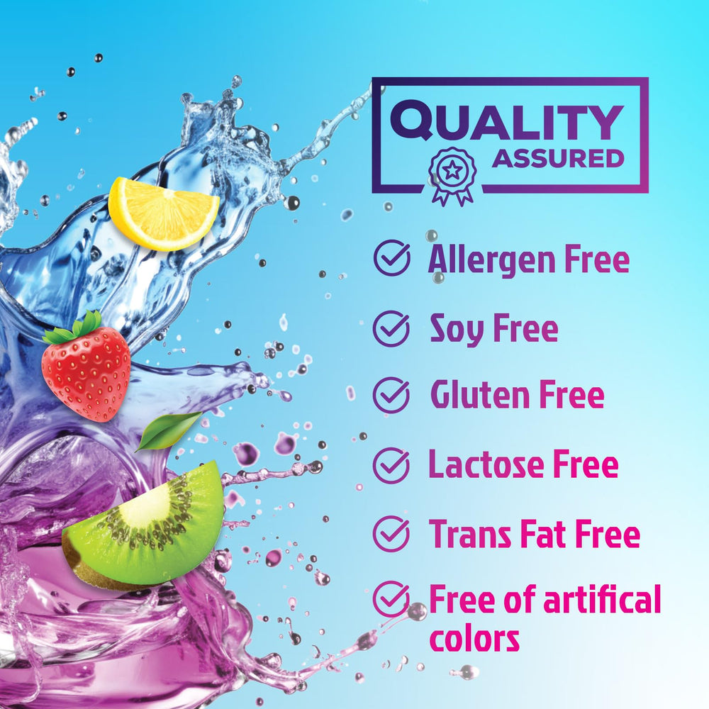 Fruit flavor electrolyte powder bottle suggesting tasty hydration during workouts.