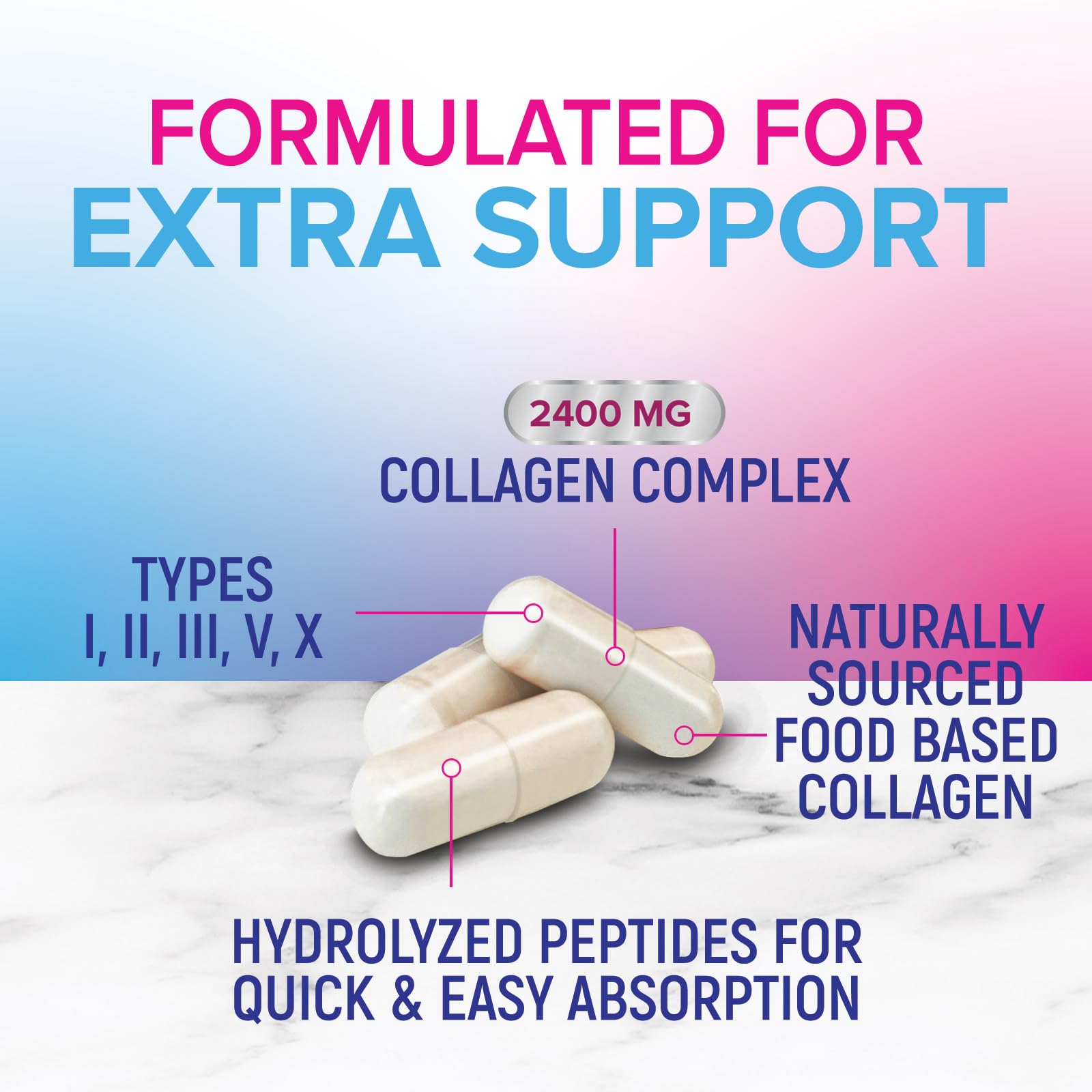 Nature's Nutrition hydrolyzed collagen pills closeup emphasizing quick uptake.