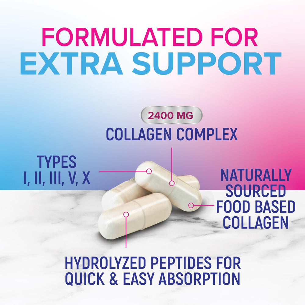 Nature's Nutrition hydrolyzed collagen pills closeup emphasizing quick uptake.