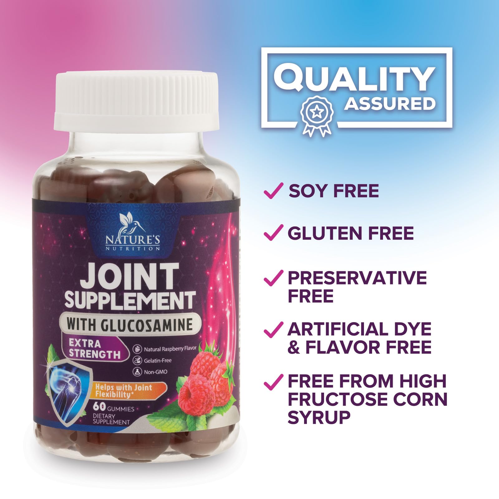 Nature's Nutrition Joint Support Gummies ingredient panel close-up glucosamine vitamin E