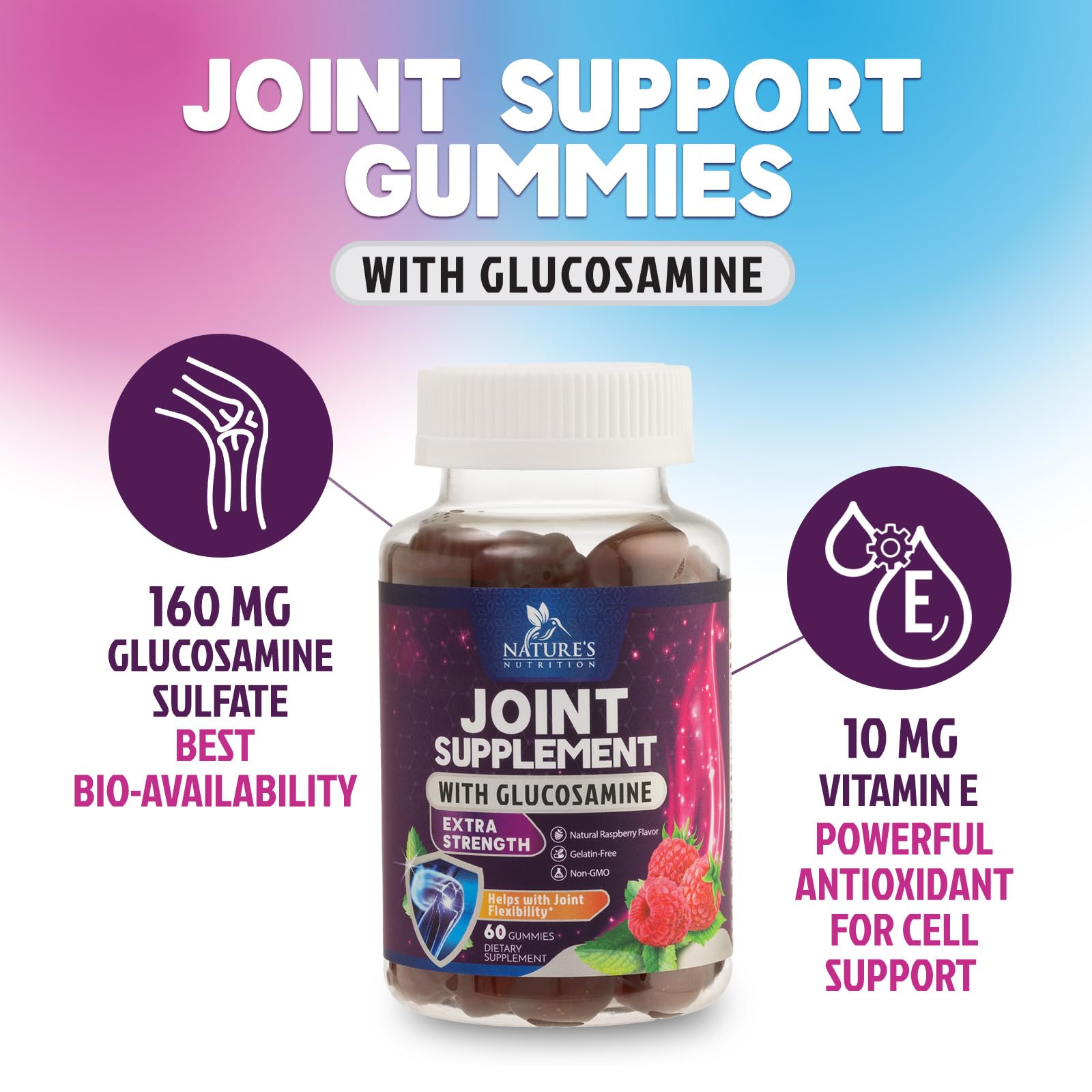Nature's Nutrition Joint Support Gummies label close-up with Vitamin E
