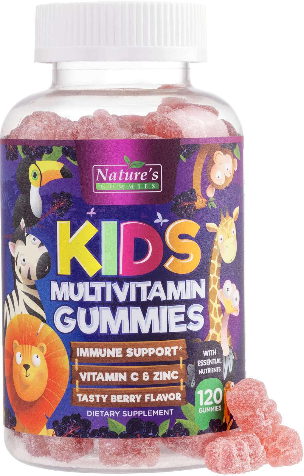 Nature's Nutrition Kids Multivitamin bottle promotes berry flavor for daily use