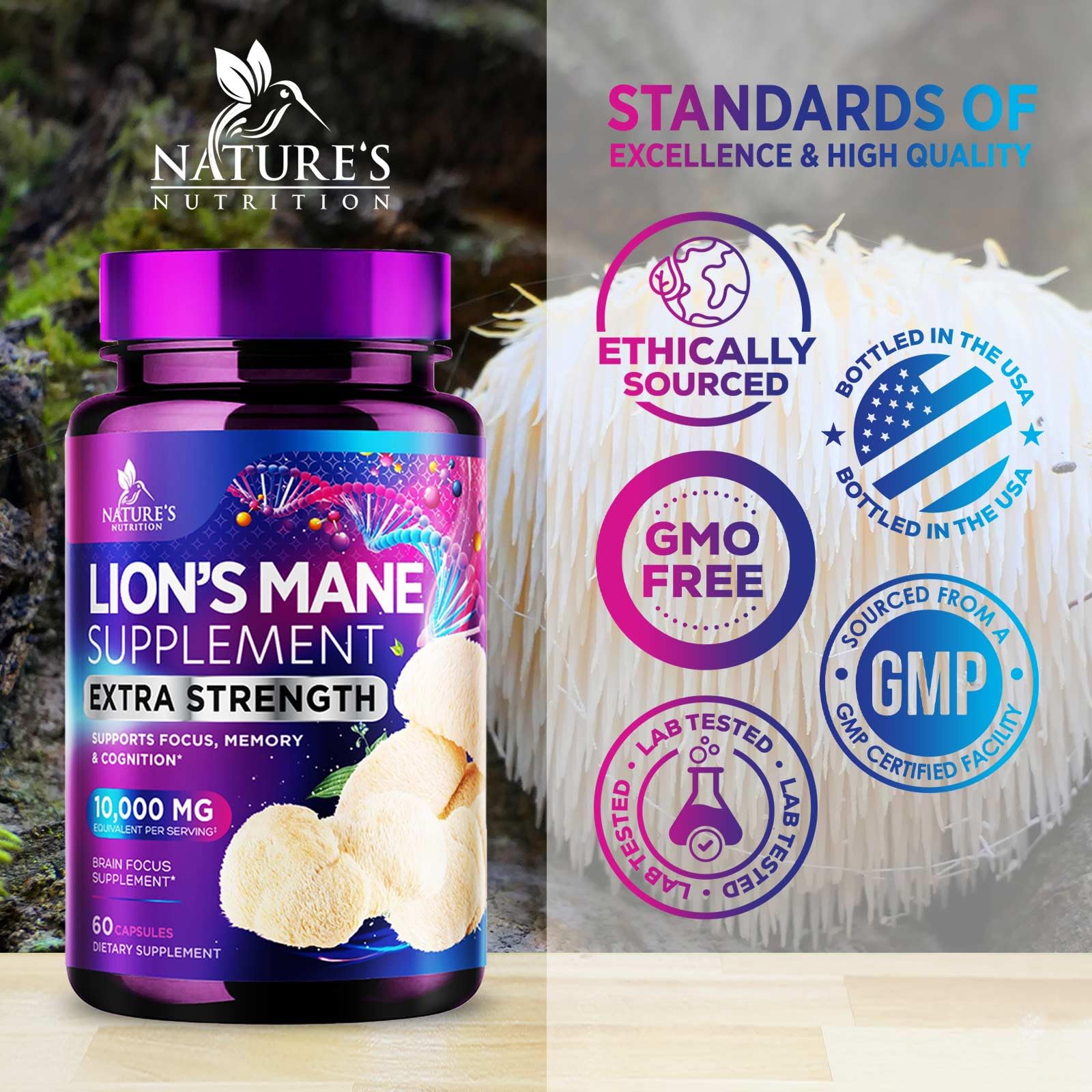 Nature's Nutrition Lions Mane capsules for brain health and focus support.