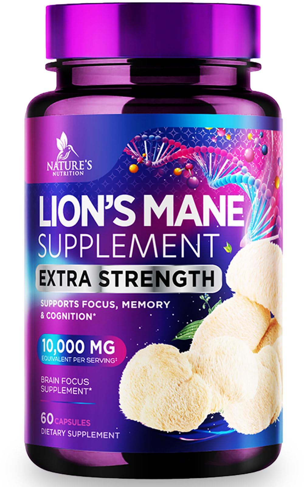 Nature's Nutrition Lions Mane capsules bottle for daily focus and memory support.