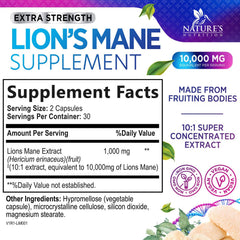 Nature's Nutrition Lions Mane powder extract capsules highlight vegan, non-GMO formula.