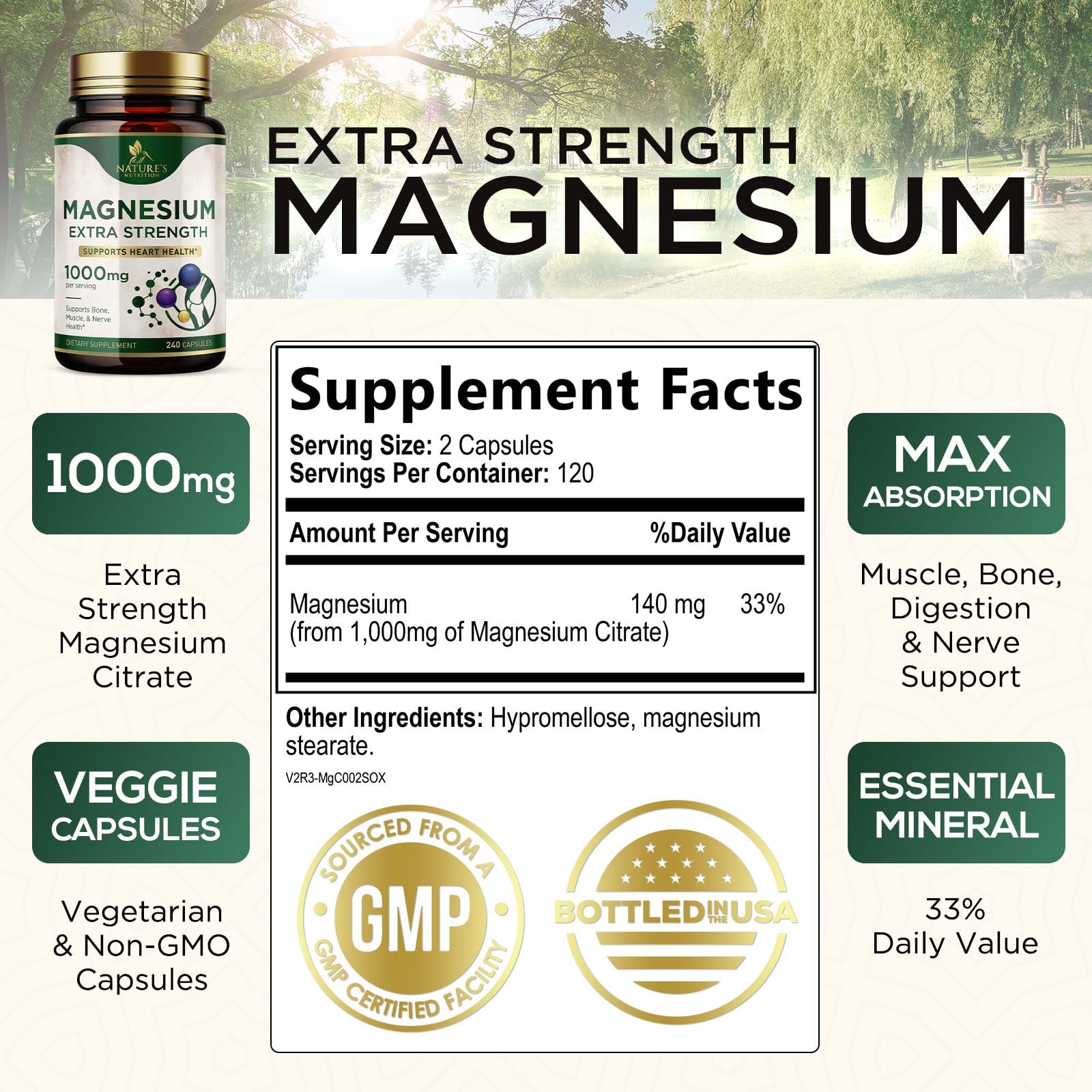Nature's Nutrition Magnesium 1000mg bottle back label details for heart and nerve support.