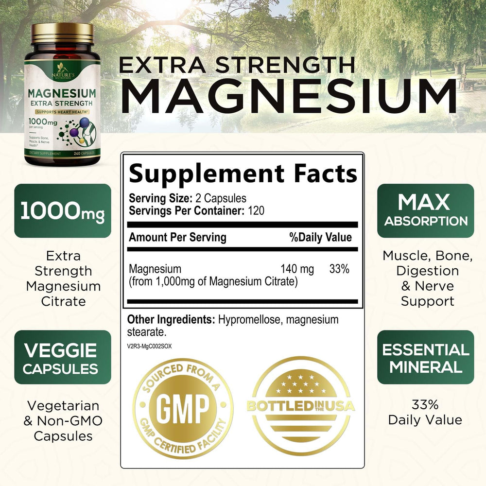 Nature's Nutrition Magnesium 1000mg bottle back label details for heart and nerve support.