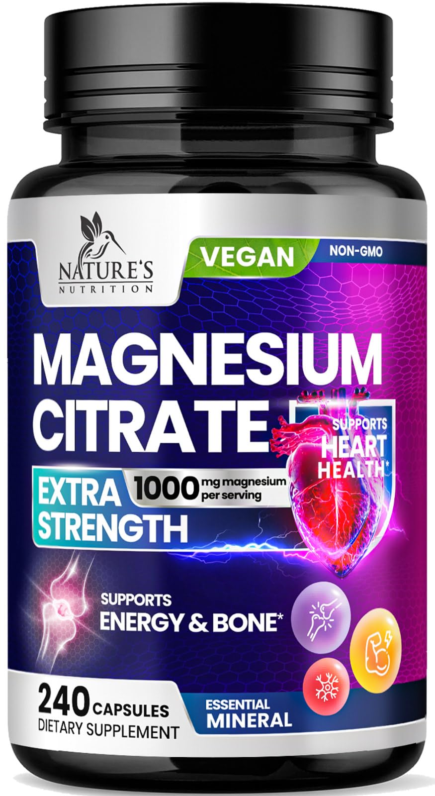 Nature's Nutrition magnesium citrate 1000mg bottle supports daily wellness with highly bioavailable formulation.