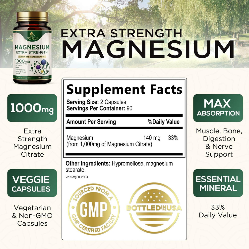 Nature's Nutrition magnesium capsules closeup highlighting high potency for nerves and muscles.