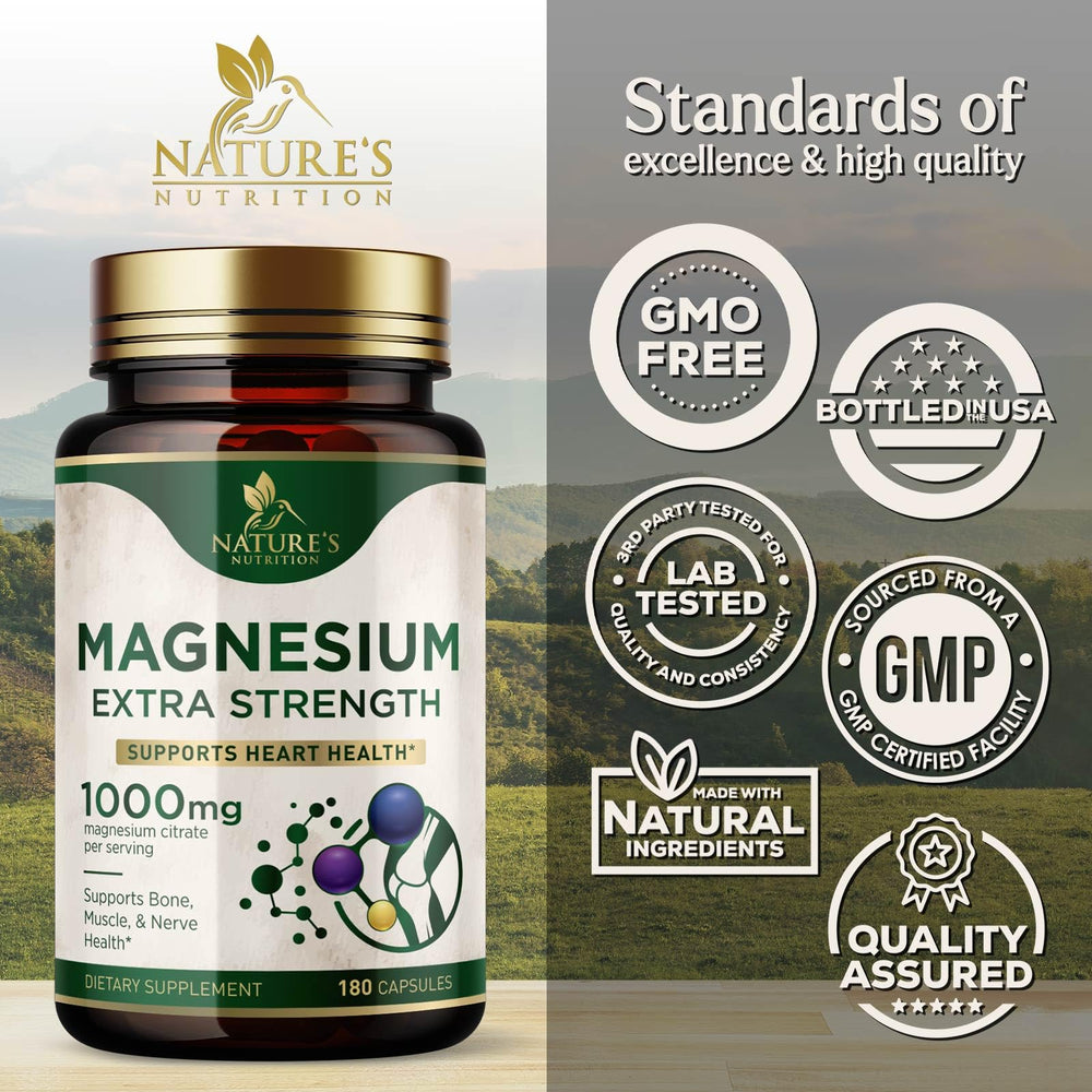 Nature's Nutrition magnesium capsules pouring view suggests easy daily intake.
