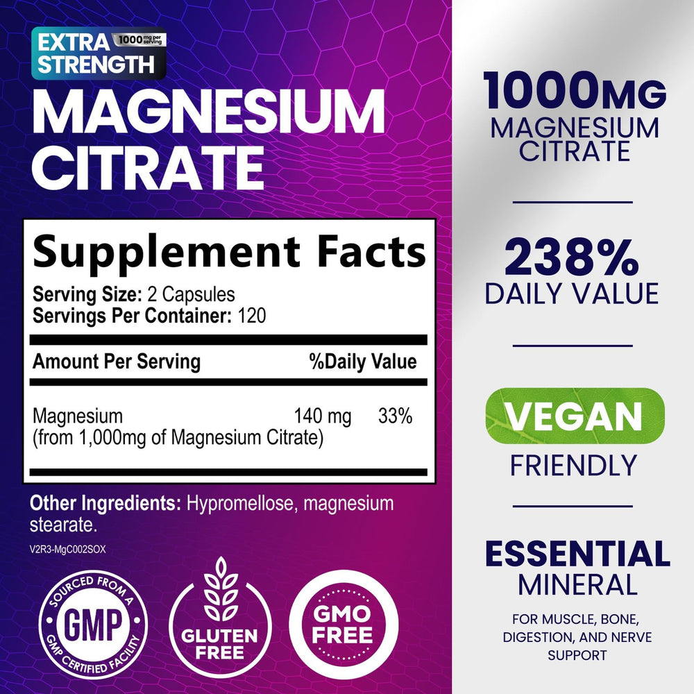 Nature's Nutrition magnesium citrate capsules offer convenient daily intake for busy lifestyles.