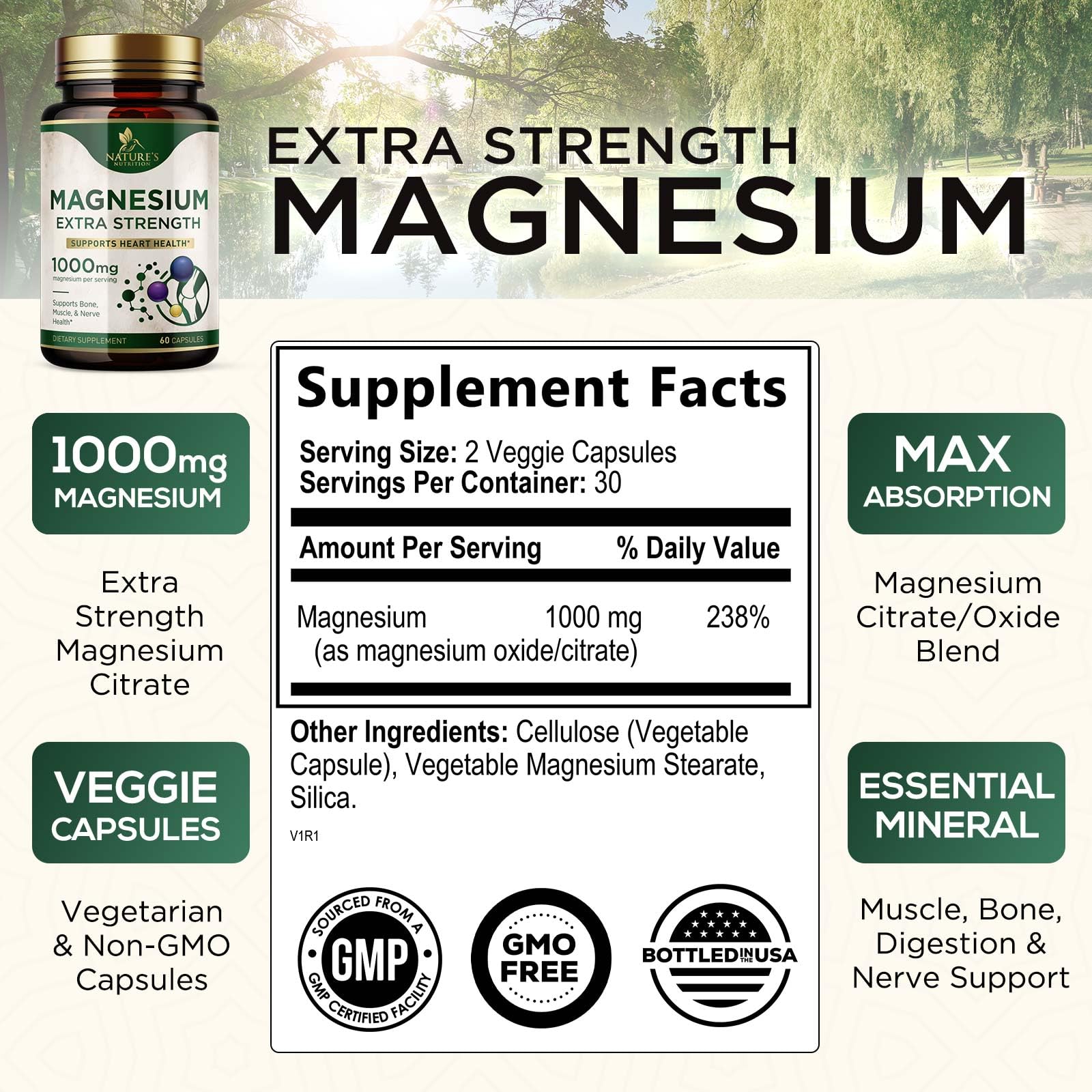 Nature's Nutrition magnesium citrate 1000 mg capsules ready for daily use.