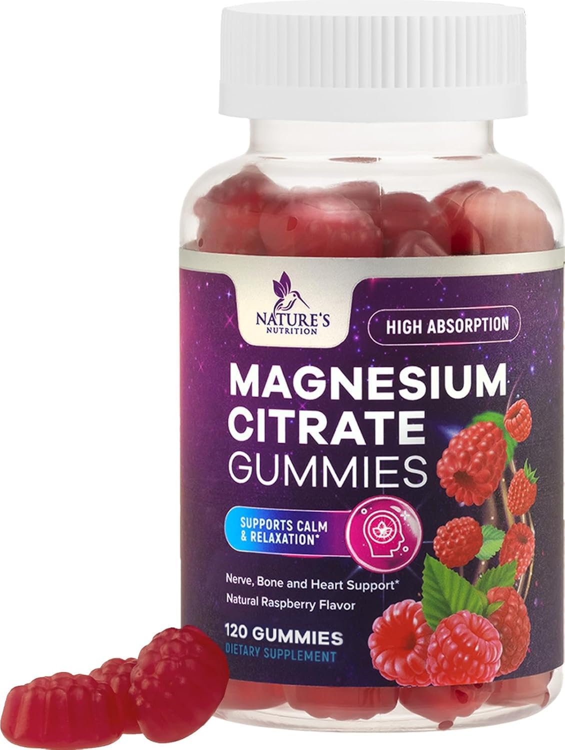 Nature's Nutrition magnesium citrate gummies bottle offers vegan daily support for muscle and nerve health