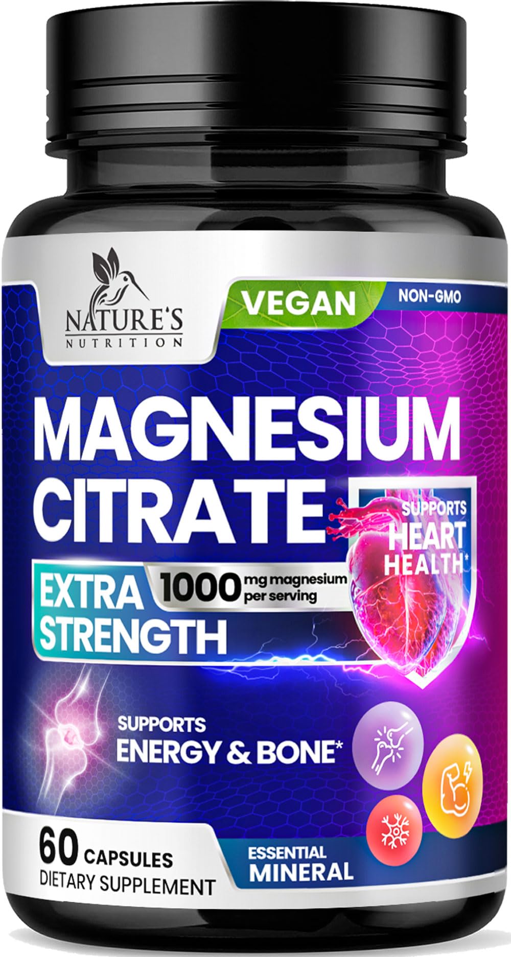 Nature's Nutrition magnesio citrato 1000 mg — botella frente, soporte óseo y muscular