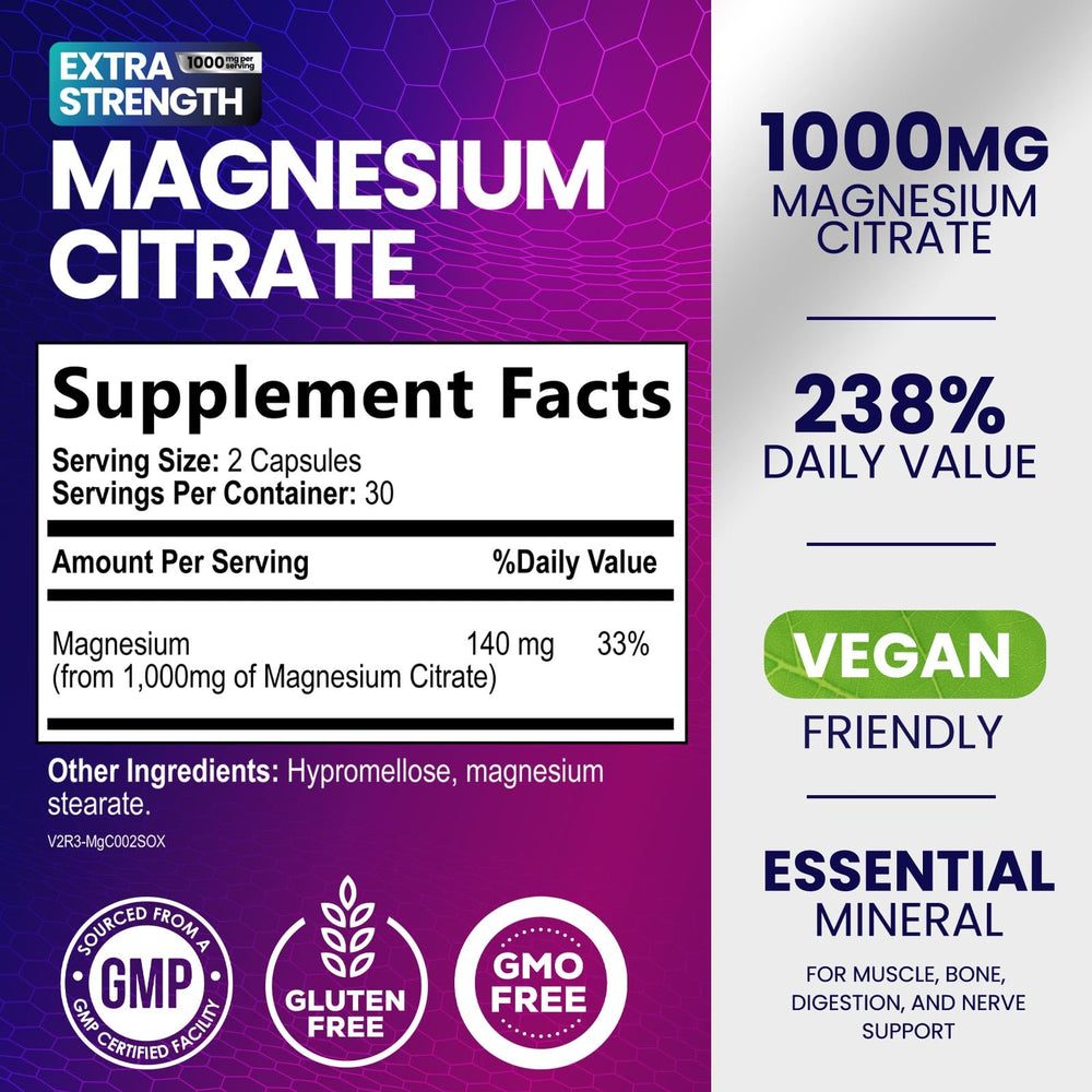 Nature's Nutrition magnesio citrato 1000 mg — tapa y etiqueta, visión de producto