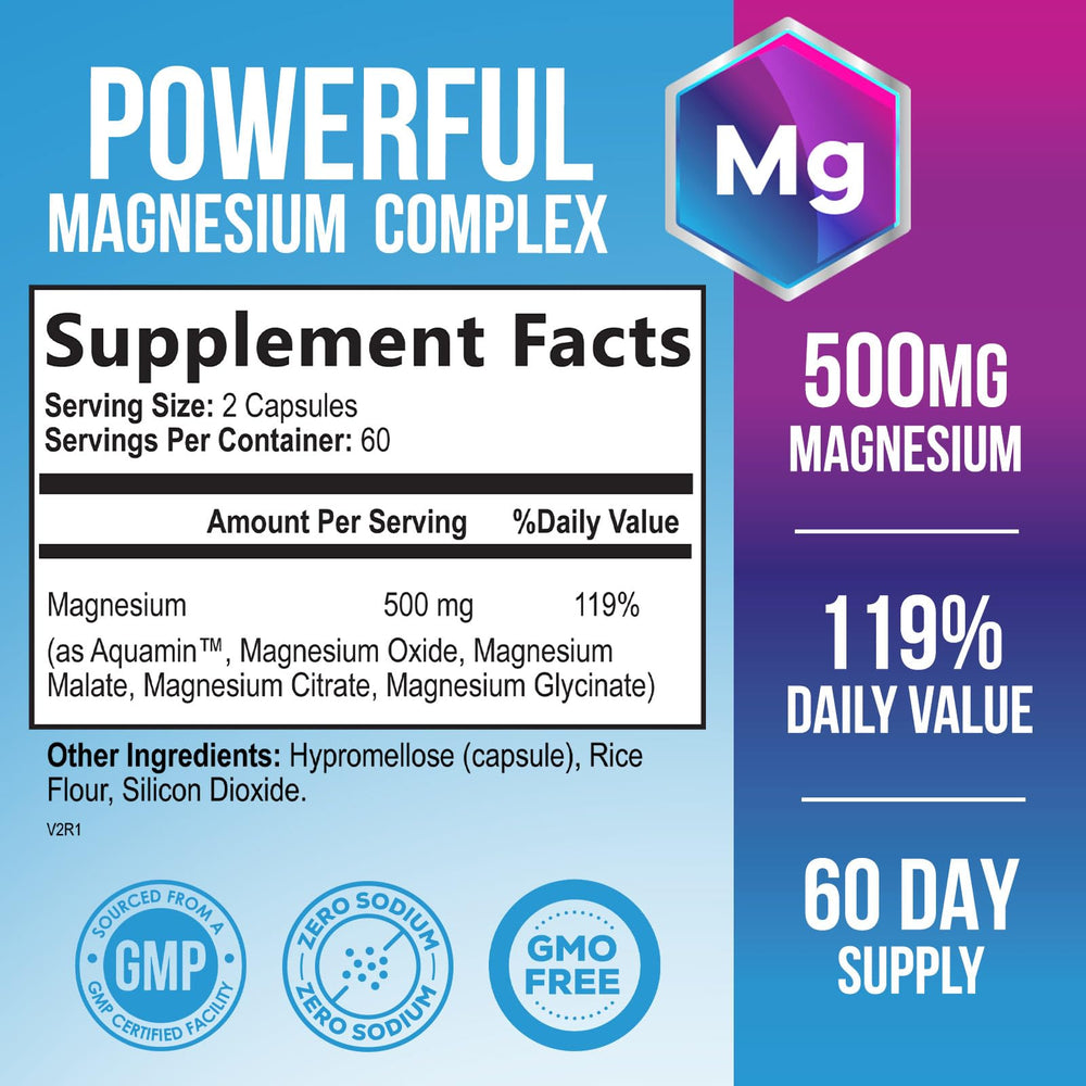 Capsules spilled from bottle showing a high-absorption 5-in-1 magnesium blend.