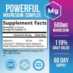 Capsules spilled from bottle showing a high-absorption 5-in-1 magnesium blend.
