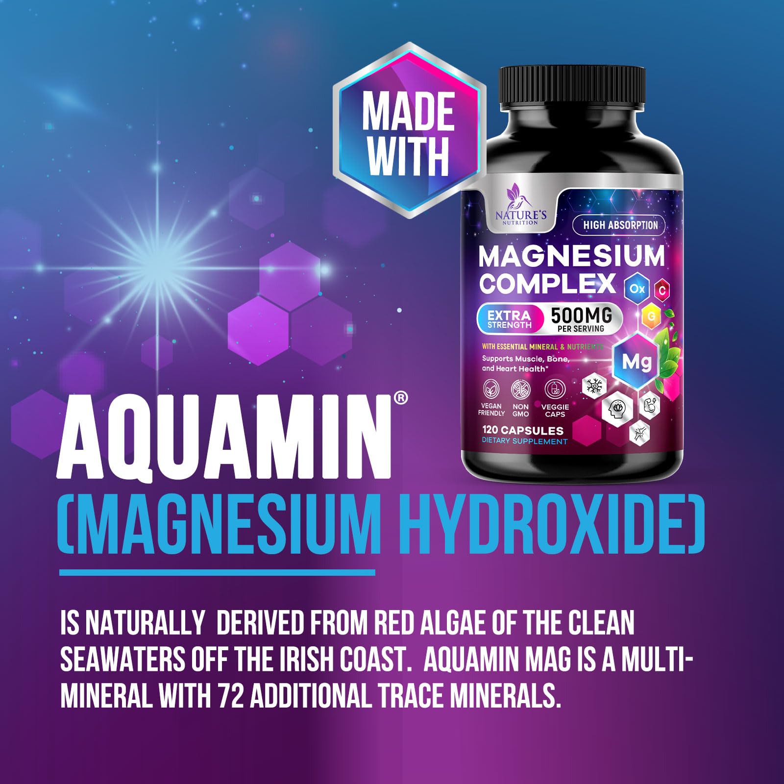 Aquamin trace minerals badge on label emphasizing mineral-rich blend.