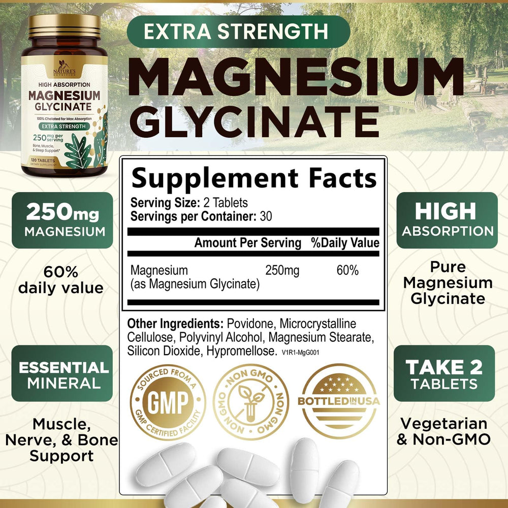 Nature's Nutrition Magnesium Glycinate 250 mg bottle back label with ingredients