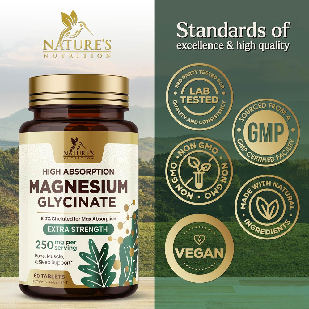 Shelf-ready Nature's Nutrition Magnesium Glycinate 250 mg bottle on surface