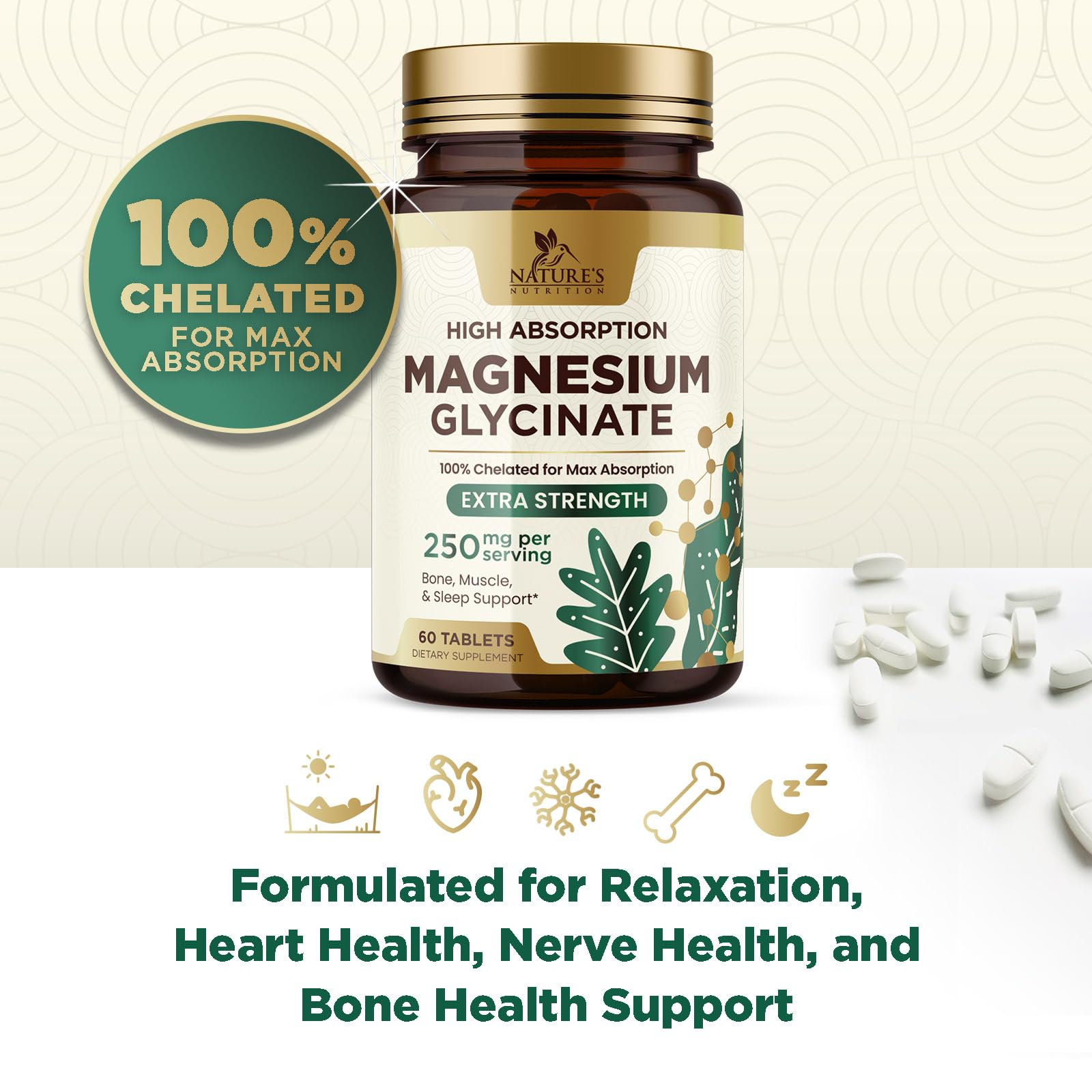 Gluten-free vegan indicators on Nature's Nutrition Magnesium Glycinate 250 mg label