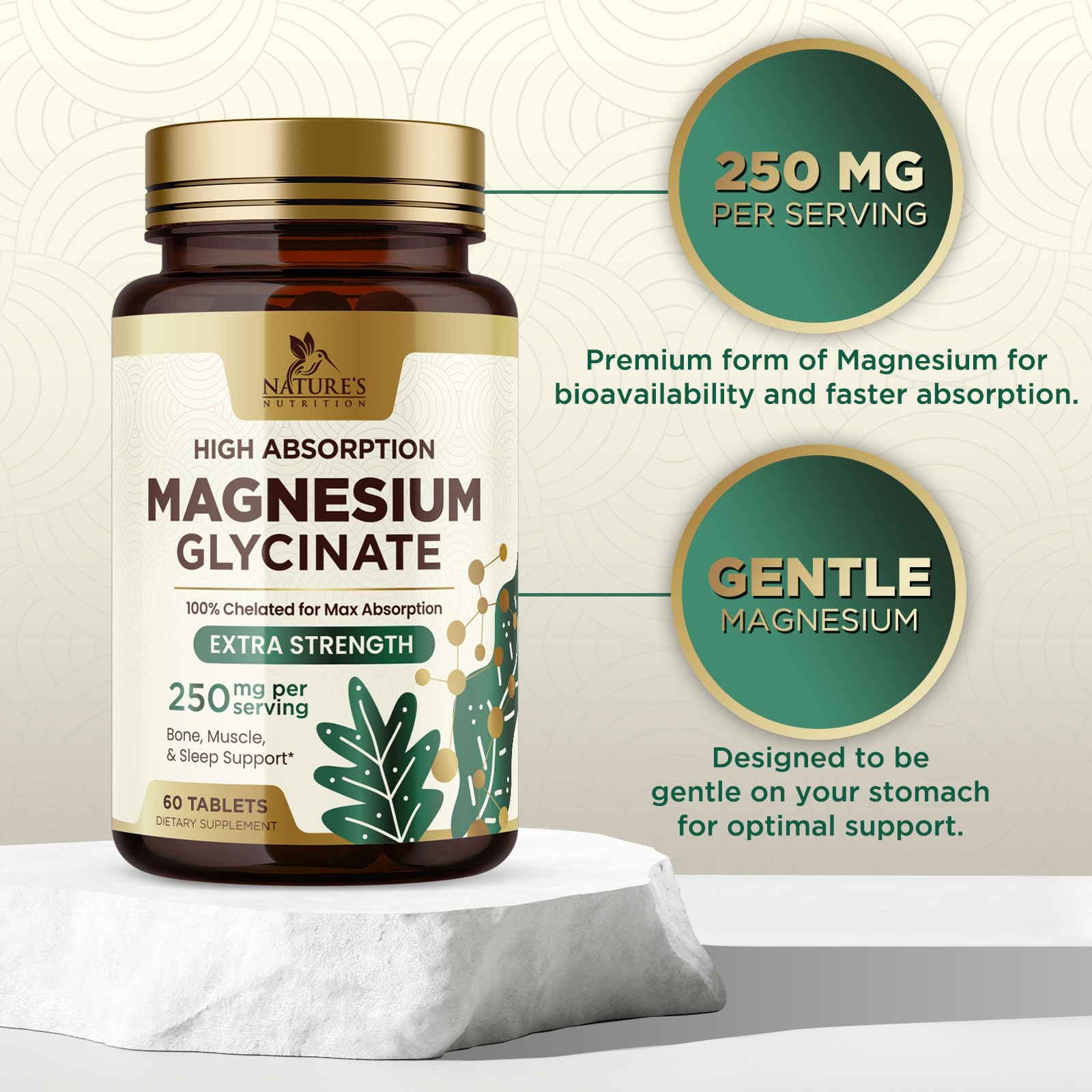 Closeup of Nature's Nutrition Magnesium Glycinate 250 mg tablet
